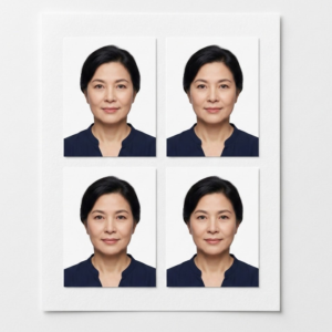 A sheet of four biometric passport and ID photos of a woman against a white background, compliant with official document standards.